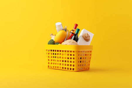 Shopping basket with products on color background. Grocery shopping conceptの素材