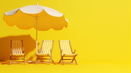 Beach chairs and umbrella on a yellow background. 3d renderingの素材