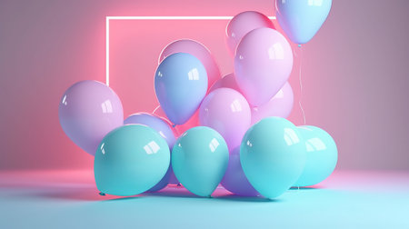3d render of purple and blue balloons on pastel pink background.の素材