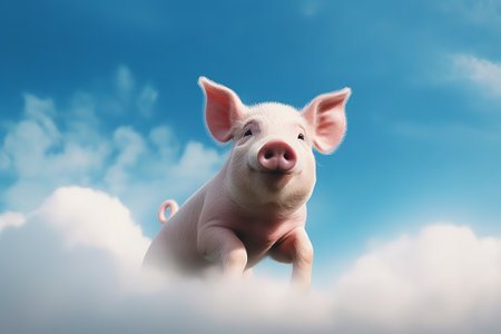 Piglet on blue sky background with clouds, 3D renderingの素材