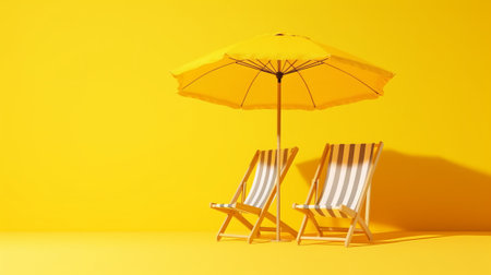 Two deckchairs and umbrella on a yellow background. 3d renderingの素材