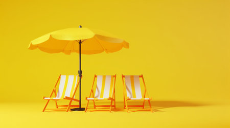 Beach chairs and umbrella on a yellow background. 3d renderingの素材
