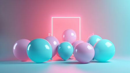 3d rendering of pink and blue balloons in pastel neon lightの素材