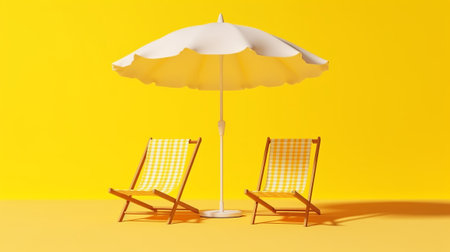 Beach chairs and umbrella on yellow background. Minimal summer conceptの素材