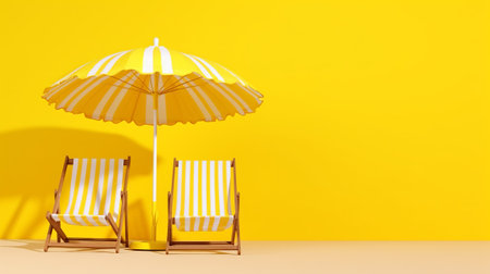 Beach chair and umbrella on yellow background. 3D rendering.の素材