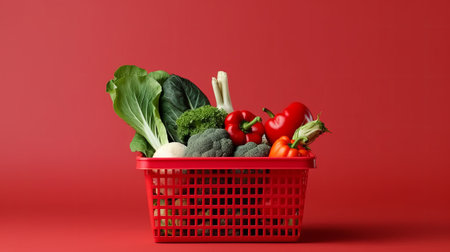 Shopping basket with fresh vegetables on red background. Healthy food conceptの素材