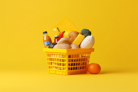 Shopping basket with products on yellow background. Grocery shopping conceptの素材