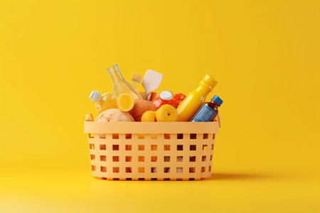 Basket with different food products on yellow background, space for textの素材