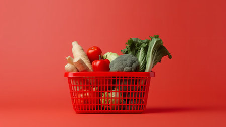 Fresh vegetables in shopping basket on red background, healthy food concept.の素材