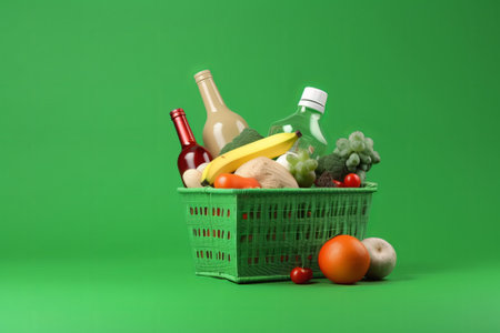 Shopping basket with products on green background. Grocery shopping conceptの素材