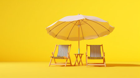 Beach chair and umbrella on yellow background. 3D rendering.の素材