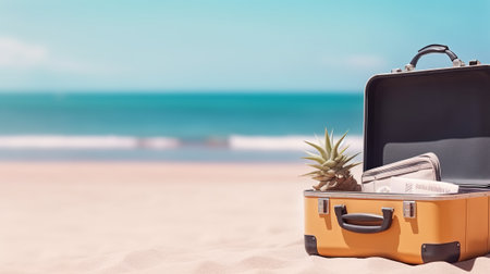Suitcase with travel accessories on the beach. 3d renderingの素材