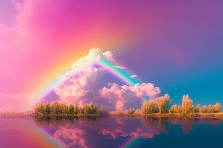 Colorful rainbow in the sky over the lake with trees and cloudsの素材