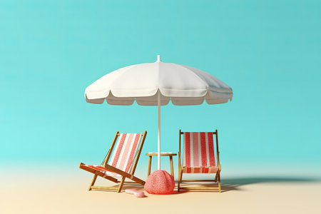 Beach chair and umbrella on a blue background. 3d renderingの素材