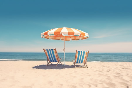 Beach chairs and umbrella on sandy beach with blue sky background.の素材