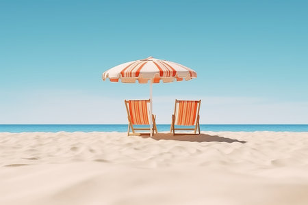 Beach chairs and umbrella on the sandy beach. 3d renderの素材