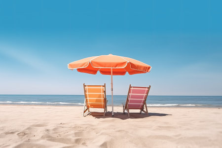 Two deckchairs and umbrella on the beach with blue sky background.の素材