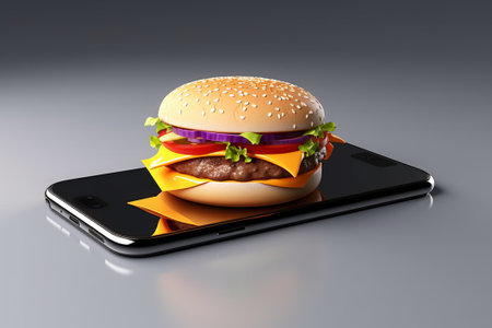 Hamburger with a smartphone on a gray background. 3d illustrationの素材