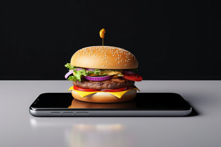 Hamburger and smartphone on a black background. 3d rendering.の素材