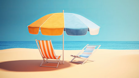 Beach chair and umbrella on the beach. 3D Renderingの素材