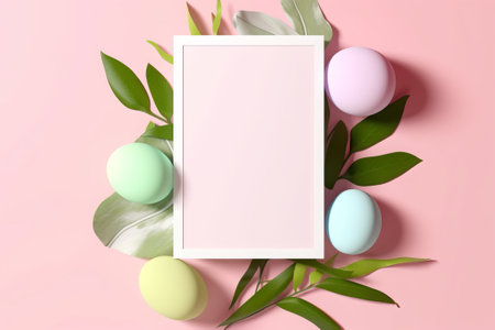 Easter greeting card mockup with pastel colored eggs and green leaves on pink background.の素材