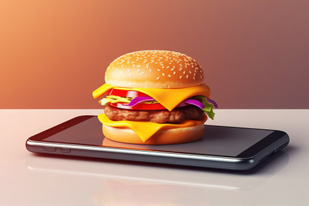 Hamburger with a smartphone on a white table. 3d renderingの素材