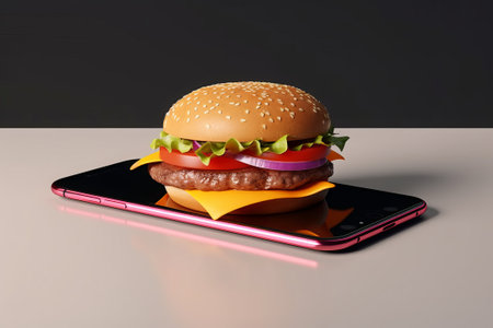 Hamburger with a smartphone on the table. 3d renderingの素材