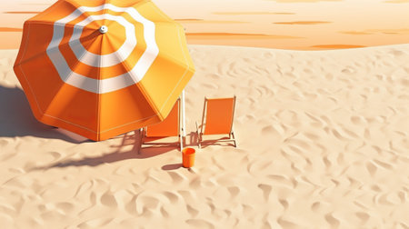 Orange beach umbrella on the sand at sunset. 3D rendering.の素材