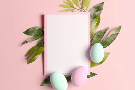 Easter greeting card mockup with pastel colored eggs and green leaves on pastel pink backgroundの素材