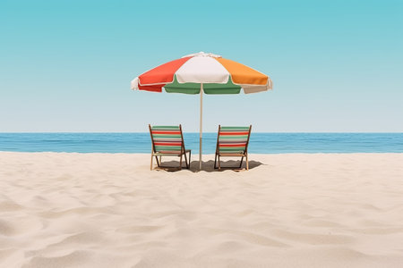 Beach chairs and umbrella on a sandy beach. 3d renderingの素材