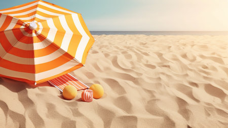 Beach umbrella and lemons on the sand. 3d renderingの素材