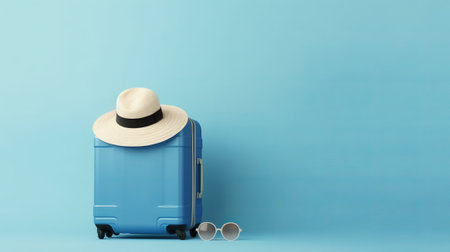 blue suitcase with straw hat and sunglasses on blue background, travel conceptの素材