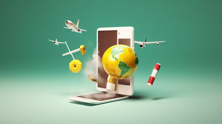 Conceptual image of mobile phone with planet earth and airplane flying aroundの素材