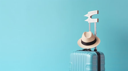 Vintage suitcase with hat on blue background. 3d rendering.の素材