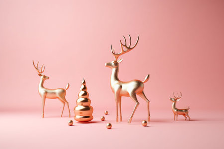 Christmas background with golden reindeer and Christmas tree on pink backgroundの素材