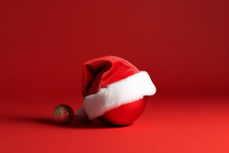 Santa Claus hat and christmas ball on red background. Christmas conceptの素材