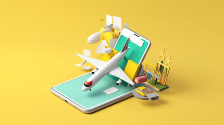 Smartphone with airplane on yellow background. 3d illustration. Copy space.の素材