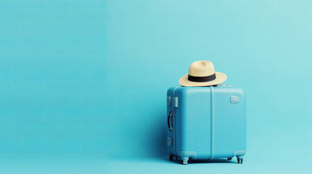 Blue suitcase with straw hat on blue background. Travel and vacation conceptの素材