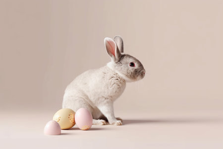 Cute rabbit with easter eggs on a beige background.の素材