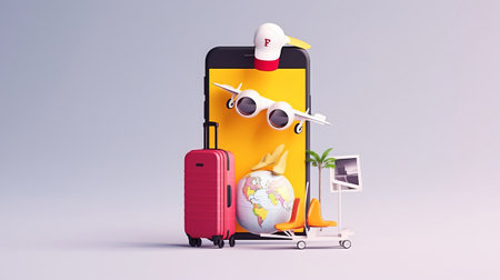 Traveling around the world by mobile phone. 3D illustration.の素材