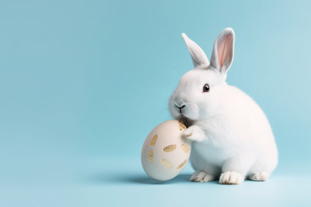 Cute white rabbit with easter egg isolated on blue background.の素材