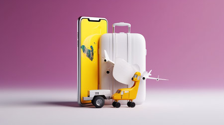 Suitcase and toy airplane near the smartphone. 3d renderingの素材