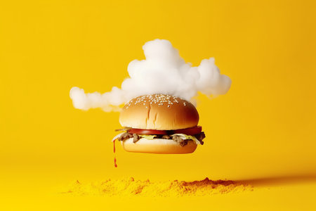 Burger with a cloud of smoke on a yellow background. Fast food conceptの素材