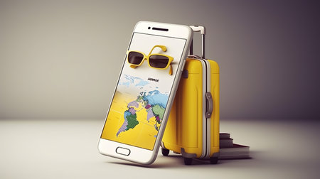 Traveling around the world concept. Mobile phone with yellow suitcase and sunglasses on gray backgroundの素材