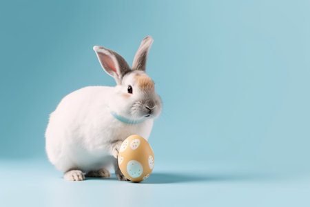 Easter bunny and easter eggs on blue background with copy spaceの素材