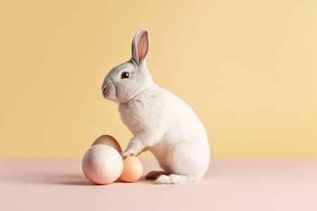 Cute bunny with eggs on color background, easter holiday conceptの素材