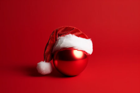 Christmas ball with santa hat on red background. Christmas concept.の素材