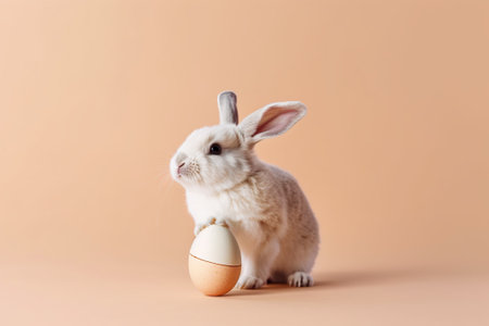 Cute little rabbit and easter egg on a beige backgroundの素材