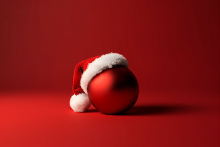Red Christmas ball with Santa Claus hat on red background, 3d renderの素材