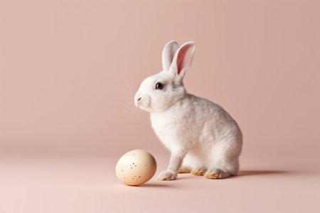 White Easter bunny with egg on pastel background. Happy Easter concept.の素材